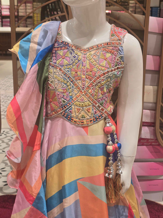 Satin crepe material multi colour gaghra set wuth handwork on speghetti top