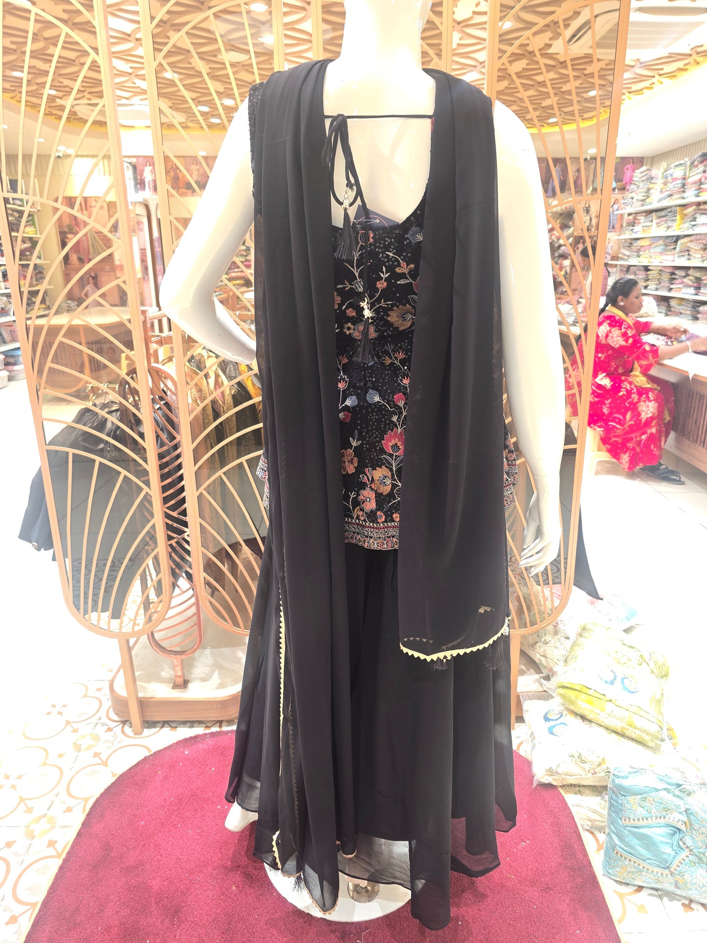 Women Black Chiffon Thread Embroidered Sharara Set