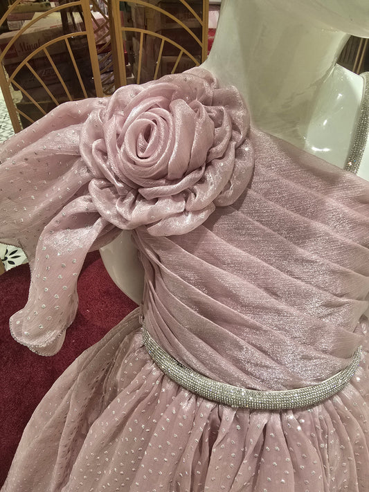 Peach Tissue Fabric Gown with Silver Butta, Asymmetric Bell Sleeve & Spaghetti Strap – Party Wear for Girls (Age 5, Size 24)