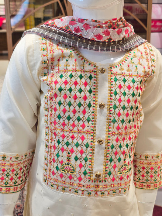 Girls Off White Chanderi Silk Straight Kurta Set