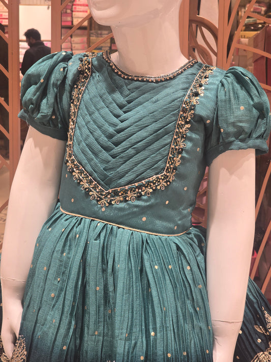 Girls Crush Silk Short Frock with Polka Print and Zari Border