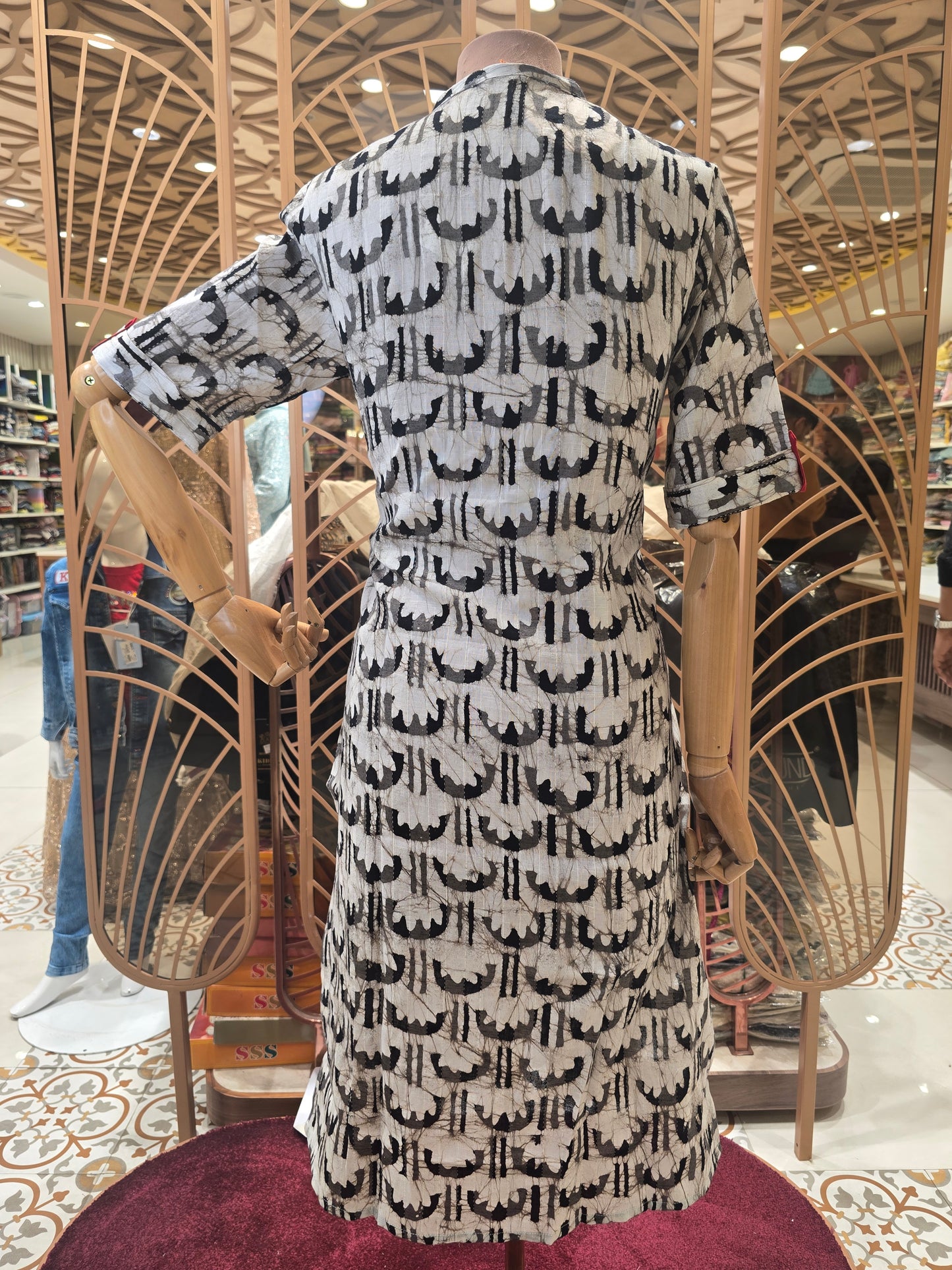 Women’s Rayon Straight Kurta in White Base with Black and Grey Printed Pattern, Collar Neck and Full Sleeves for Daily Wear