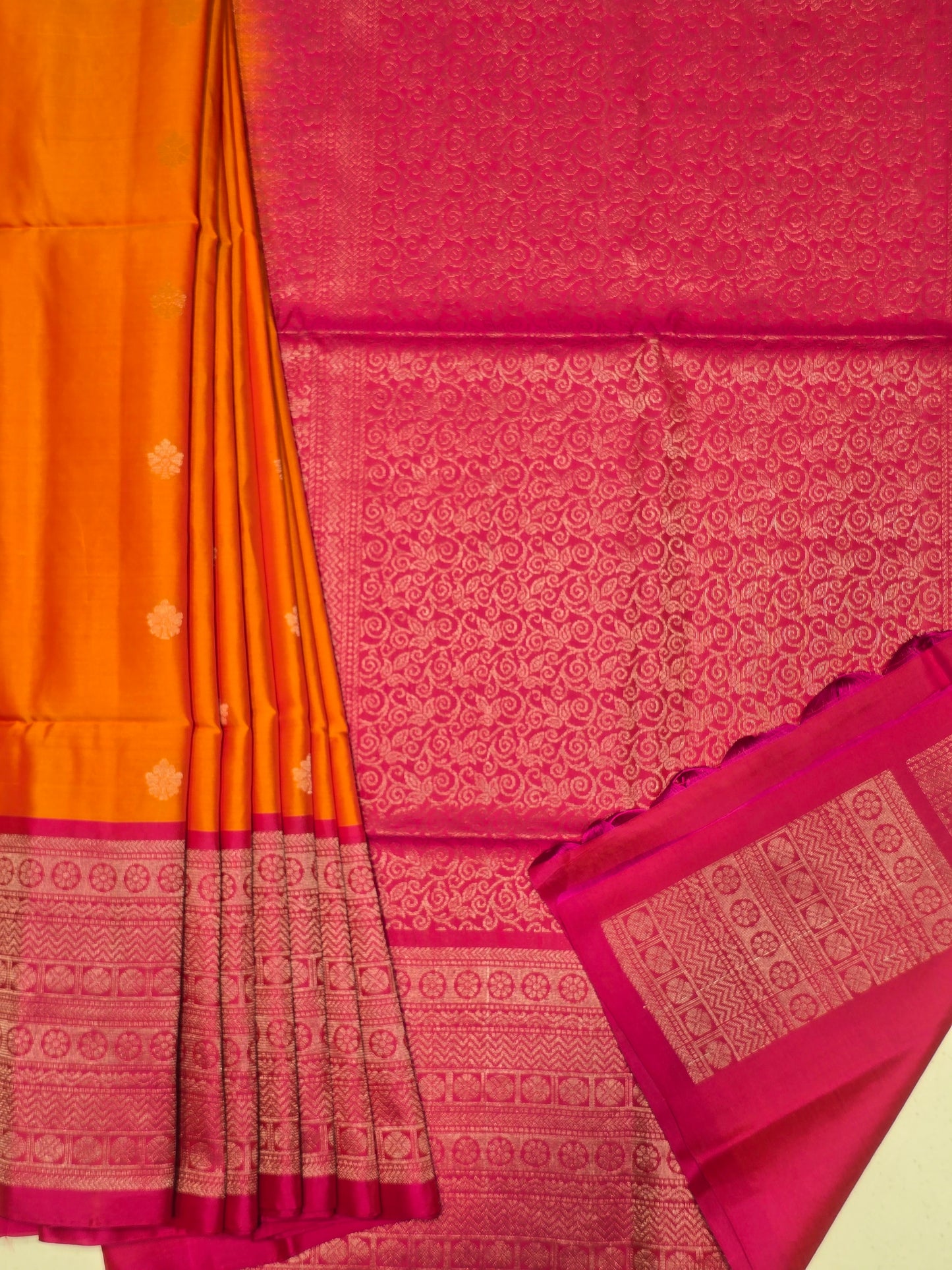 Pure Kanjivaram orange with pink color soft silk saree with traditional border