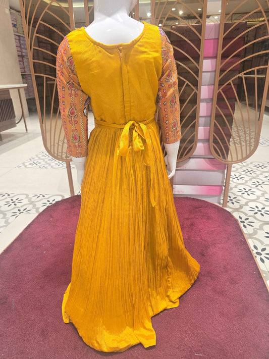 Girl Mustard Crepe Ethnic Gown with Jacket