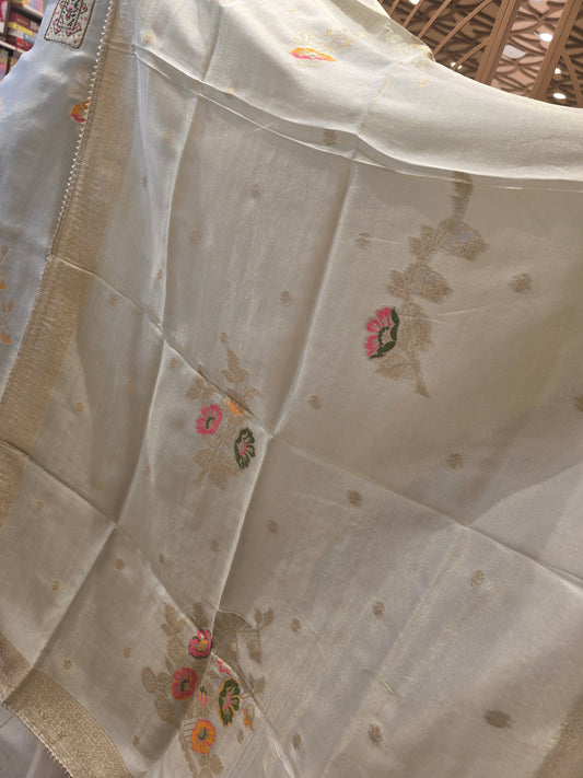 Pista Green Tissue Silk Party Wear Set for Women with Floral Prints, Zari Thread Work & Handworked Neck – Elegant Occasion Wear