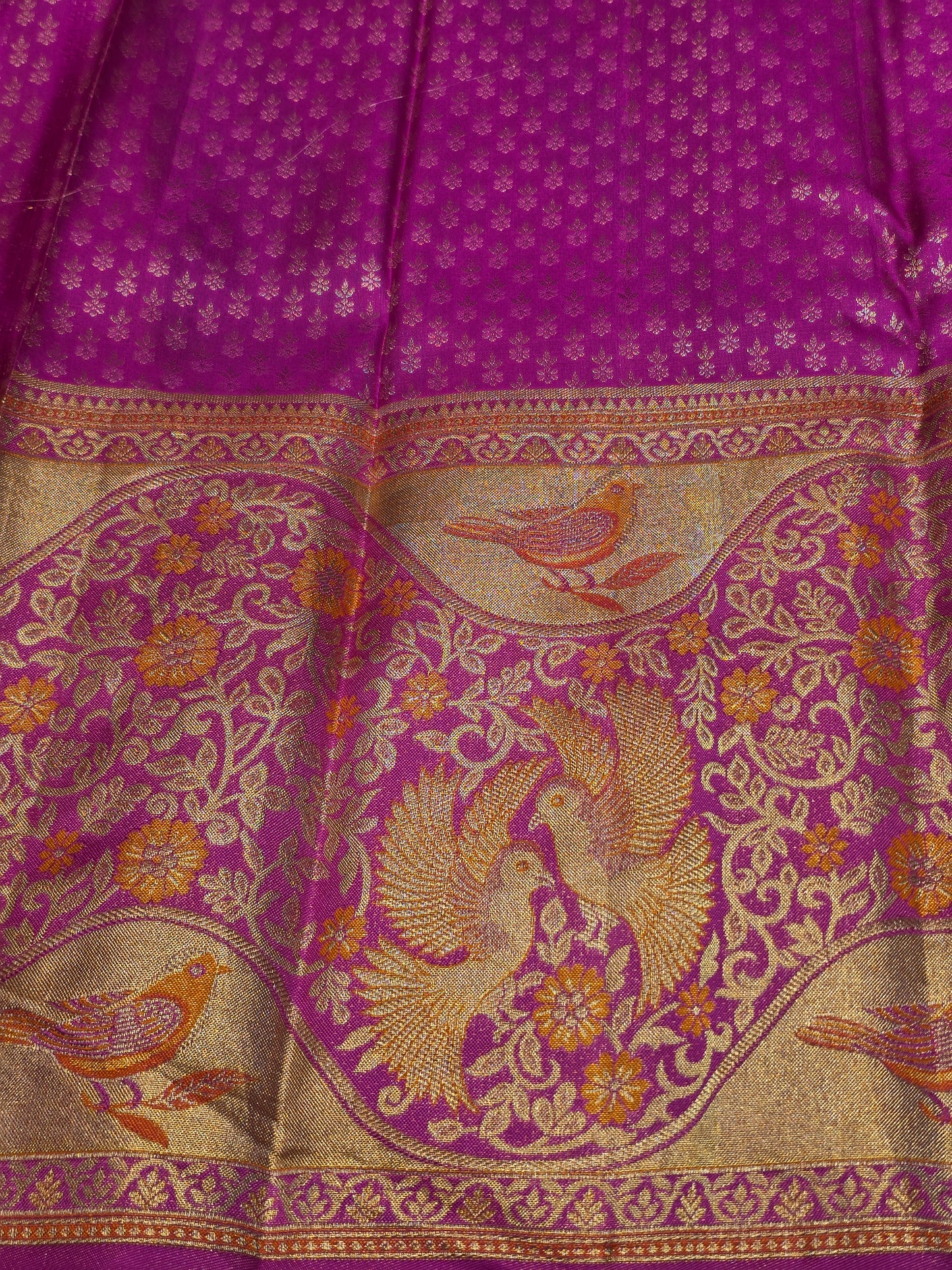 Exclusive Handloom Pure Brocade Silk Saree with Turning Border, Bird & Floral Meena Work, Rich Zari Pallu & Rani Pink Contrast Blouse – Wedding Wear