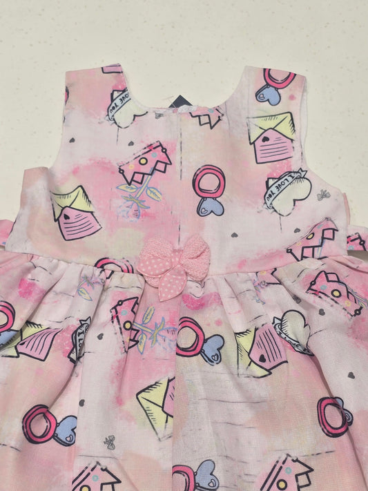 Printed cotton material baby pink colour baby frock with round neck