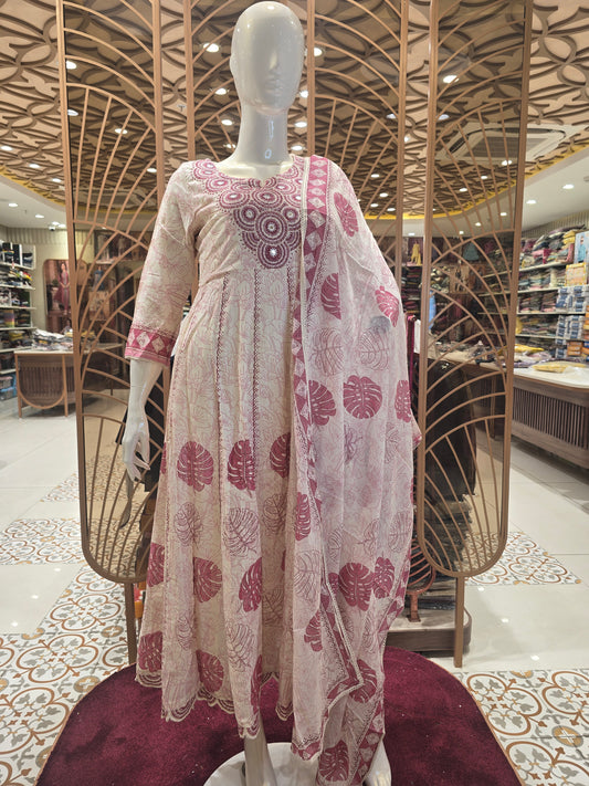 Cream Cotton Anarkali Kurti Set for Women with Peach Leaf Print, Embroidery and Sequin Work for Daily Wear