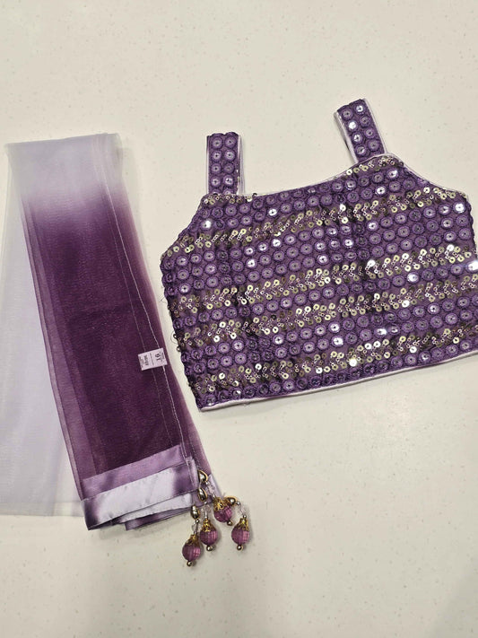 three-piece girls' lehenga choli set purple and lavender