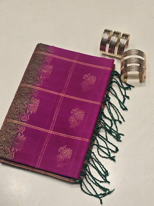 Pure Kanjivaram softsilk Magenta with green color saree and checked pattren