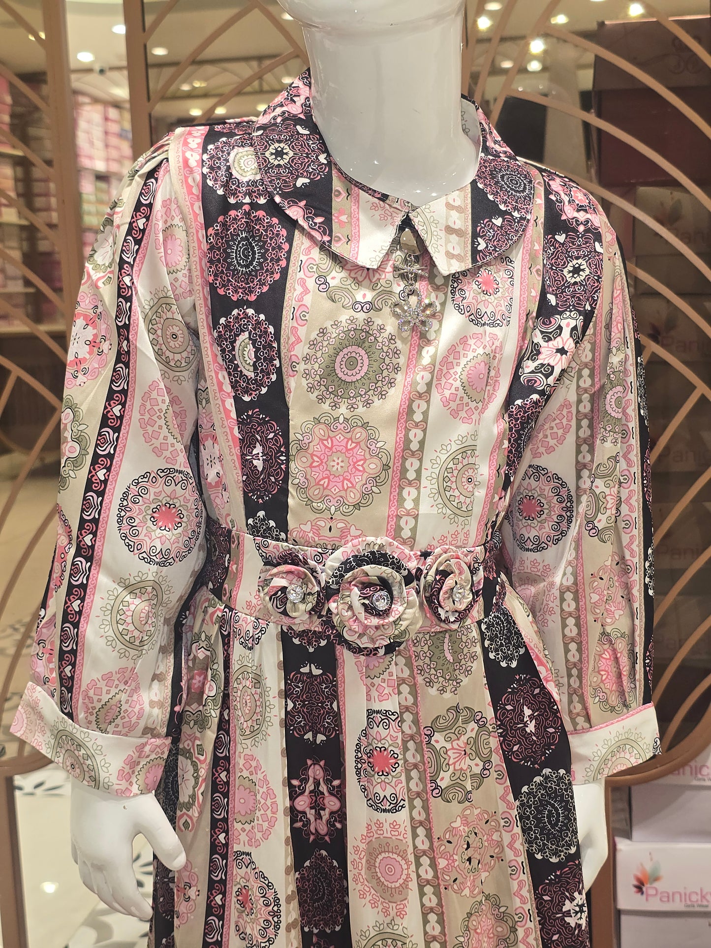 Girls Rangavali Print Satin Short Frock with Collared Neck and Three-Quarter Sleeves