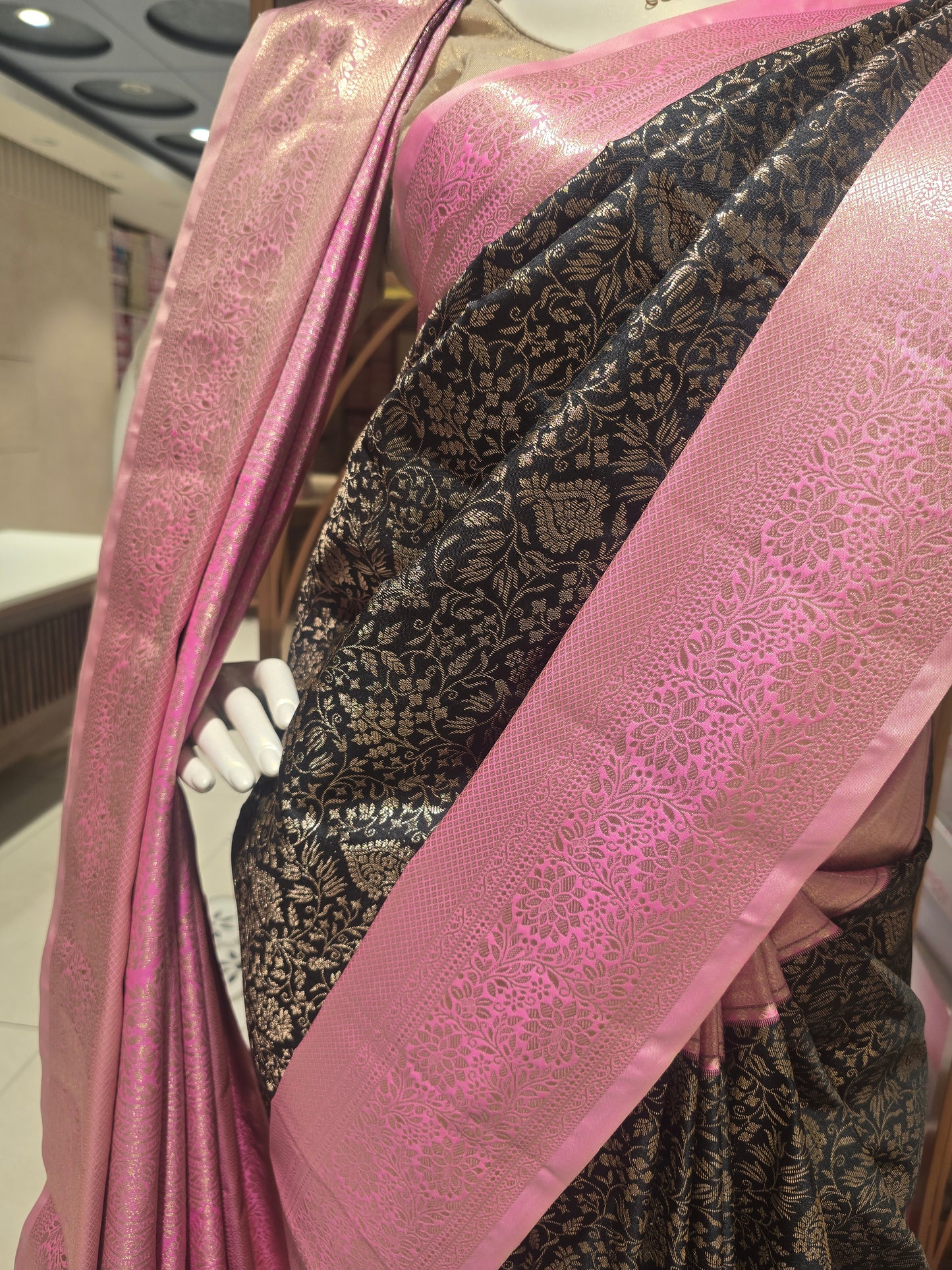 Semi kanjivaram brocade silk saree balck with baby pink