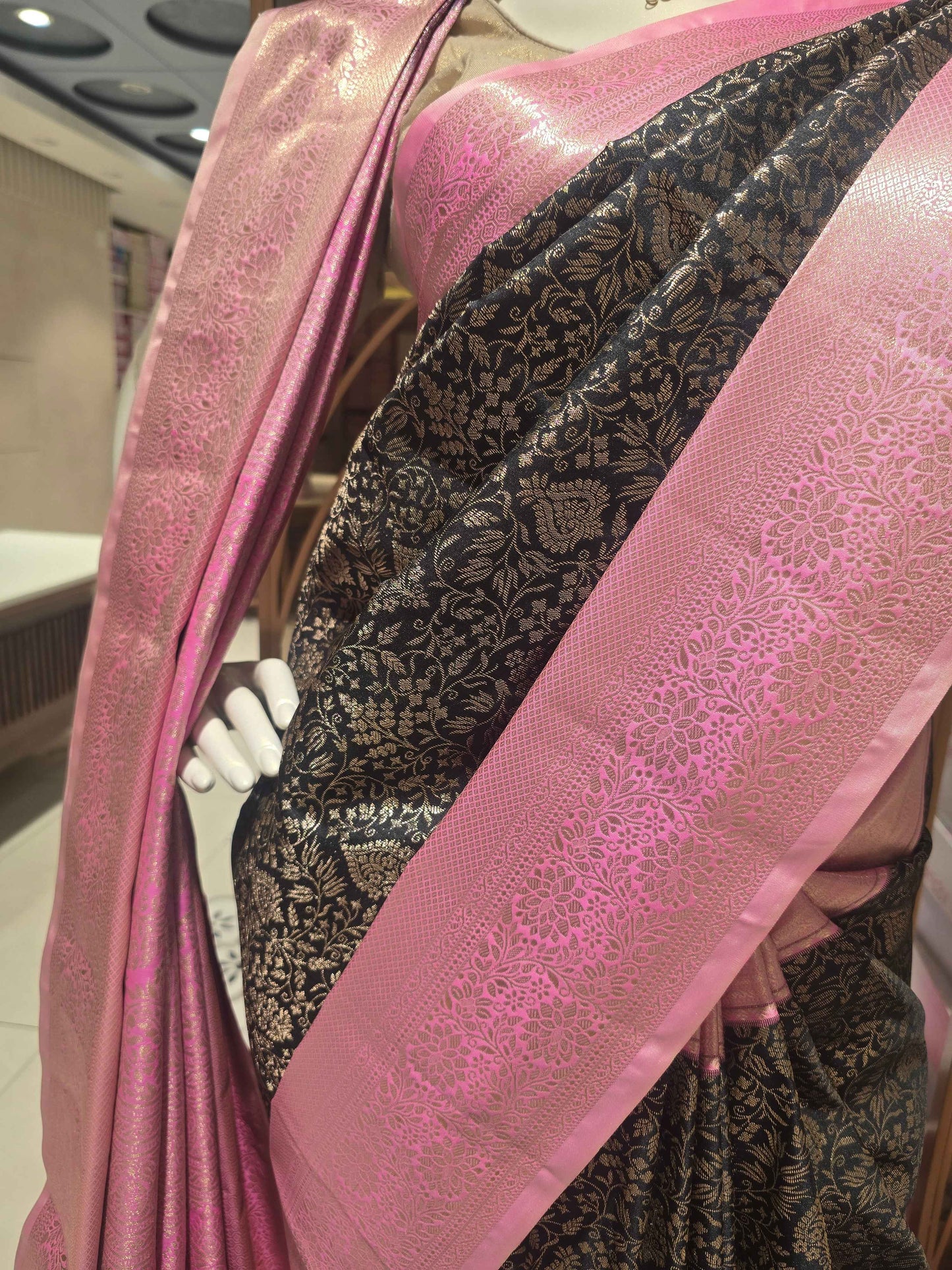 Black Baby Pink Semi Kanjivaram Brocade Silk Saree
