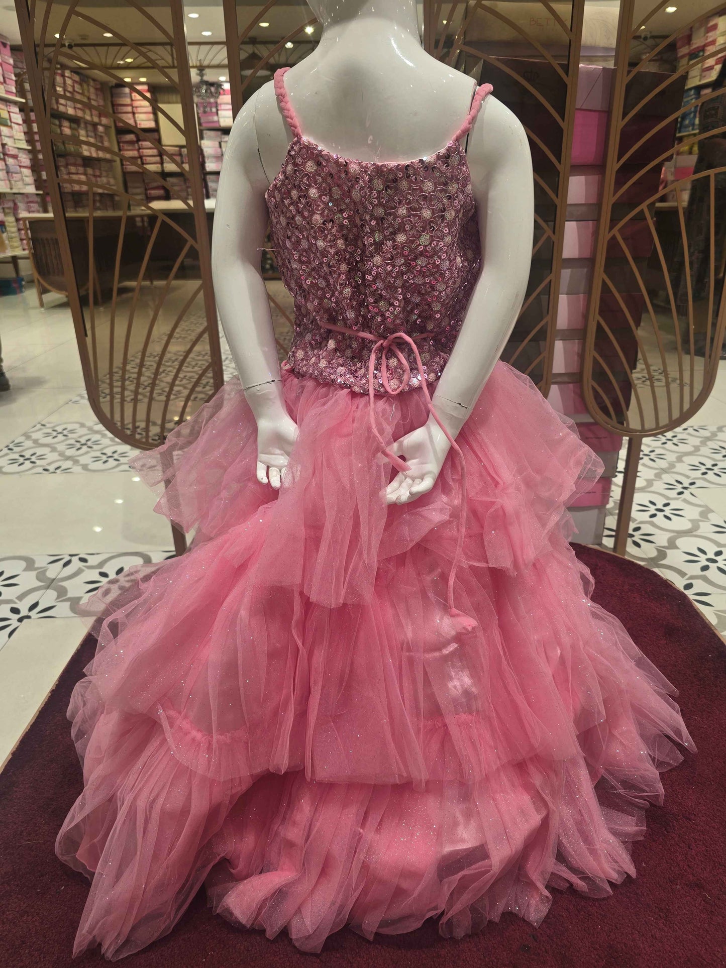 Knitted material baby pink colour traditional wear with sequence work,peghetti shoulder and Step by step gaghra