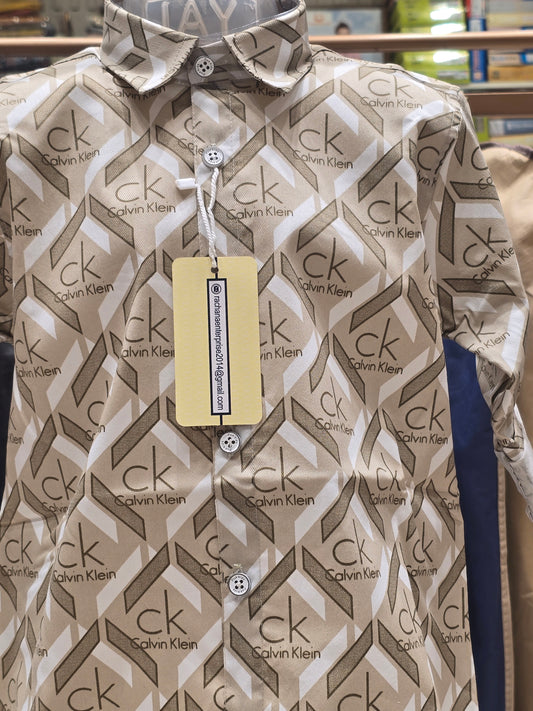 Boy Creamish Printed Cotton Fancy Shirt