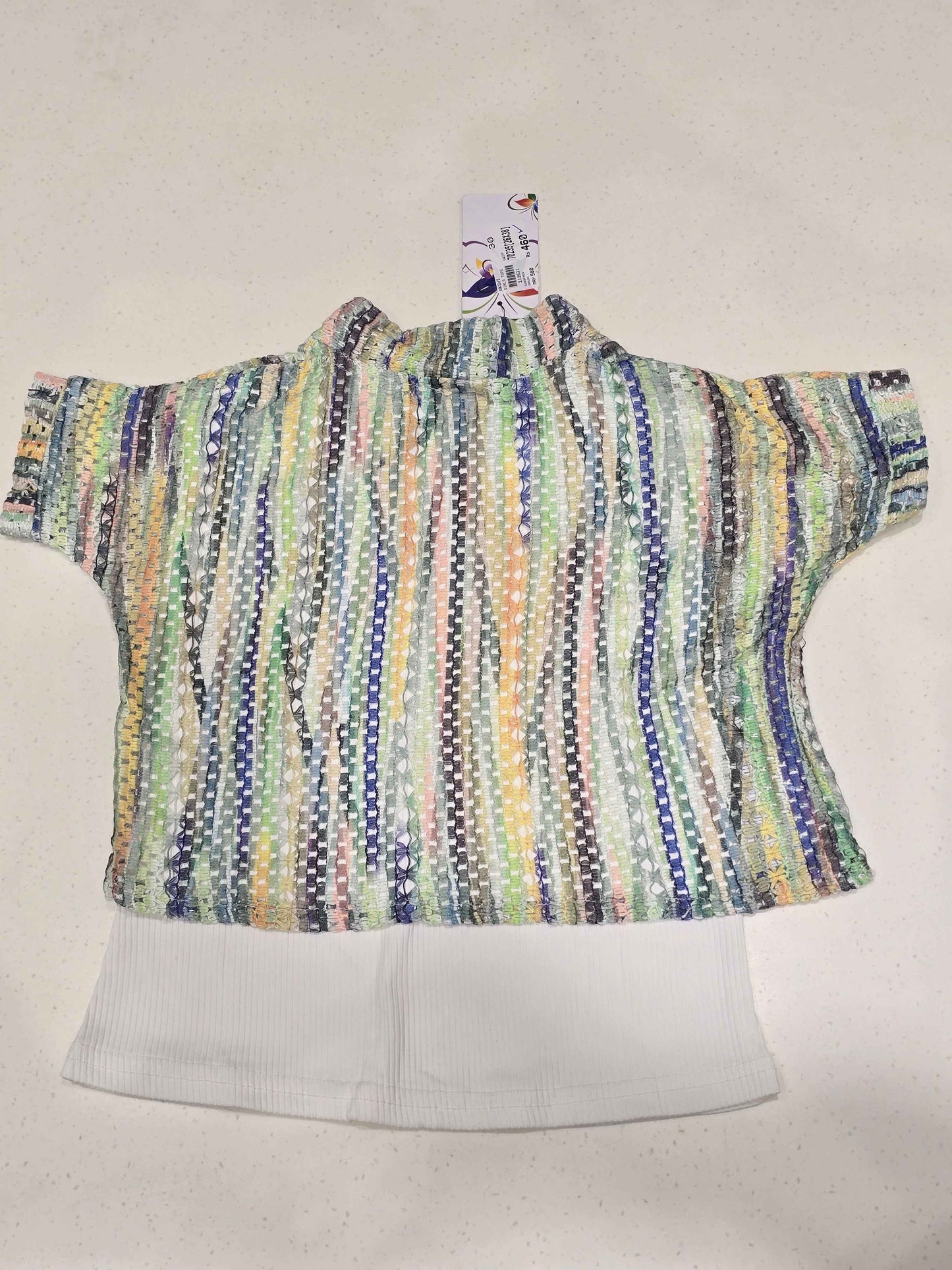 girls' two-piece knit clothing set featuring a multi-colored striped mesh zip-up crop shirt layered over a solid white tank top.