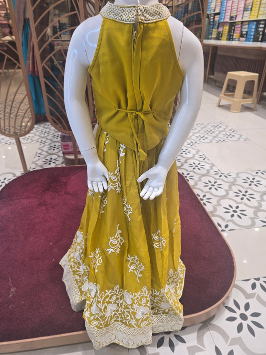 Lemon Green Georgette Ethnic Wear Ghagra for Girls with White Embroidery Work, I-Neck Design and Latkan Detailing