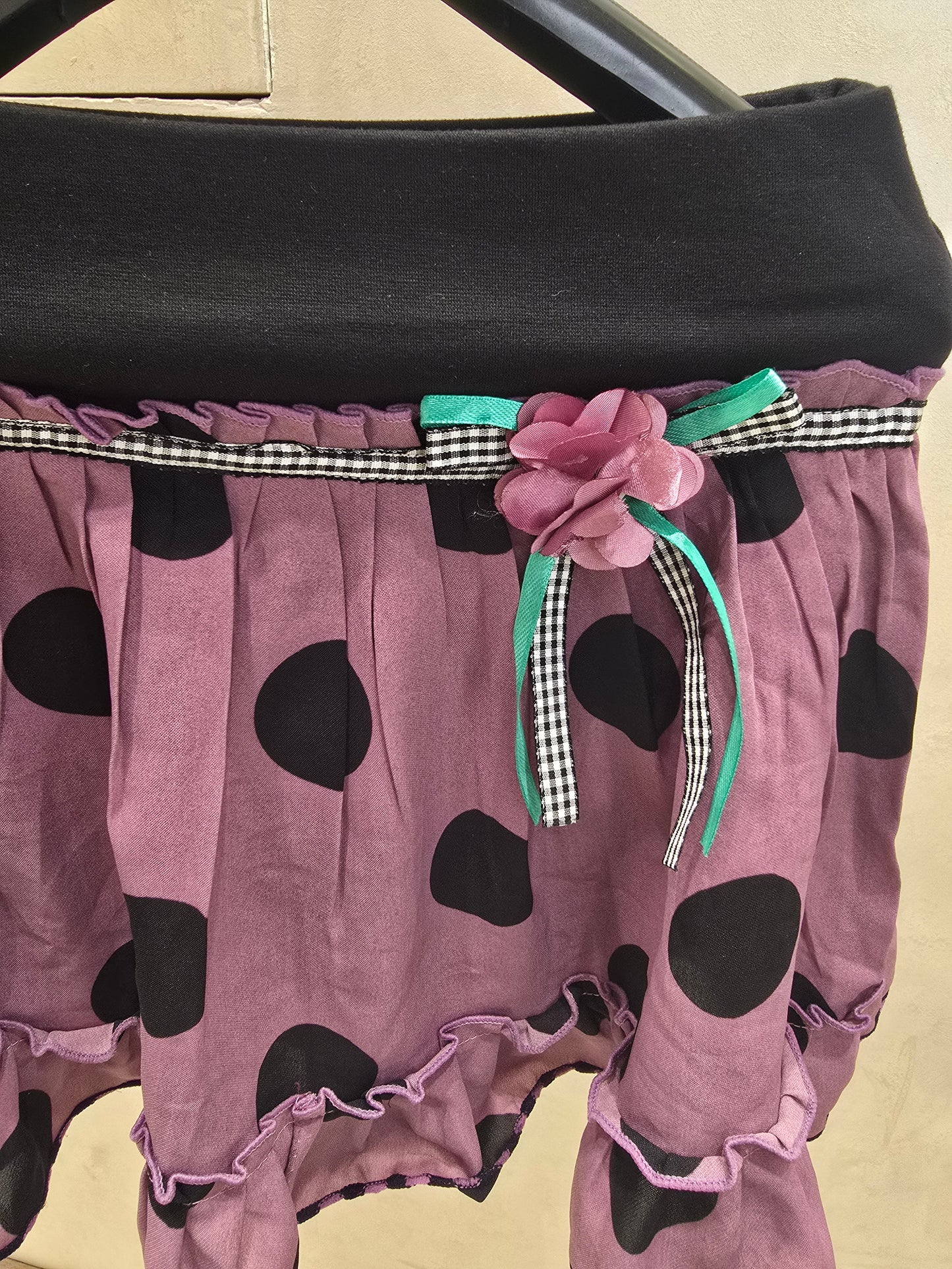 Girls Cotton Casual Wear Skirt in Purple with Black Polka Dot Design and Floral Tie Detail for Summer Wear