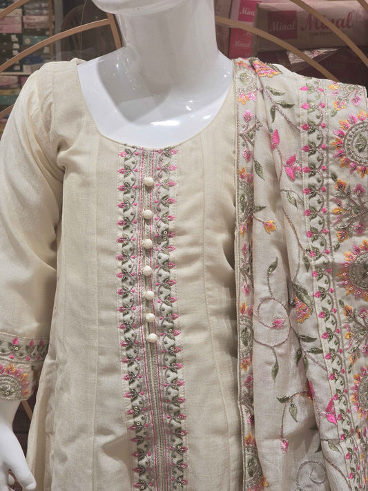 Crepe material cream color Anarkali for girl with multi color thread work with grand dupatta