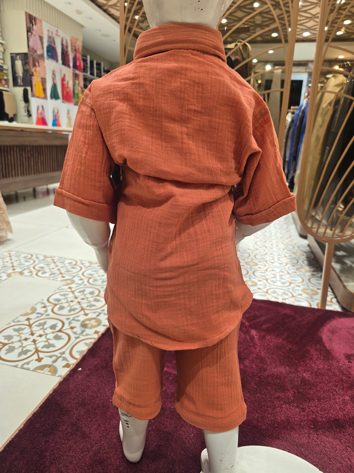 Rust Orange Linen Cotton Capri Set for Boys