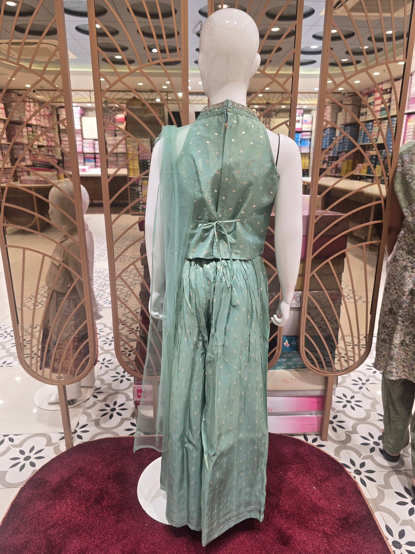 Pista Green Banarasi Silk Indo Western Palazzo Set for Girls with Stone Embroidery, Half-Collared Top & Net Dupatta – 3 Piece Ethnic Set