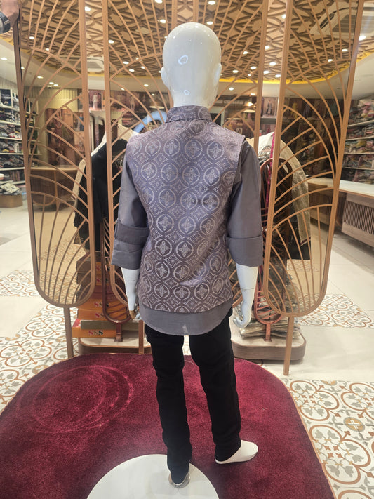 Boys Silk Mix 3 Piece Set in Lavender with Thread Worked Bandi, Full Sleeve Shirt and Black Denim Jeans for Party and Occasion Wear