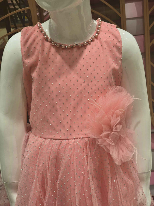 Doted Glitter Knitted material peach coloured bushi gowns with beats work on neck and flower design on waist