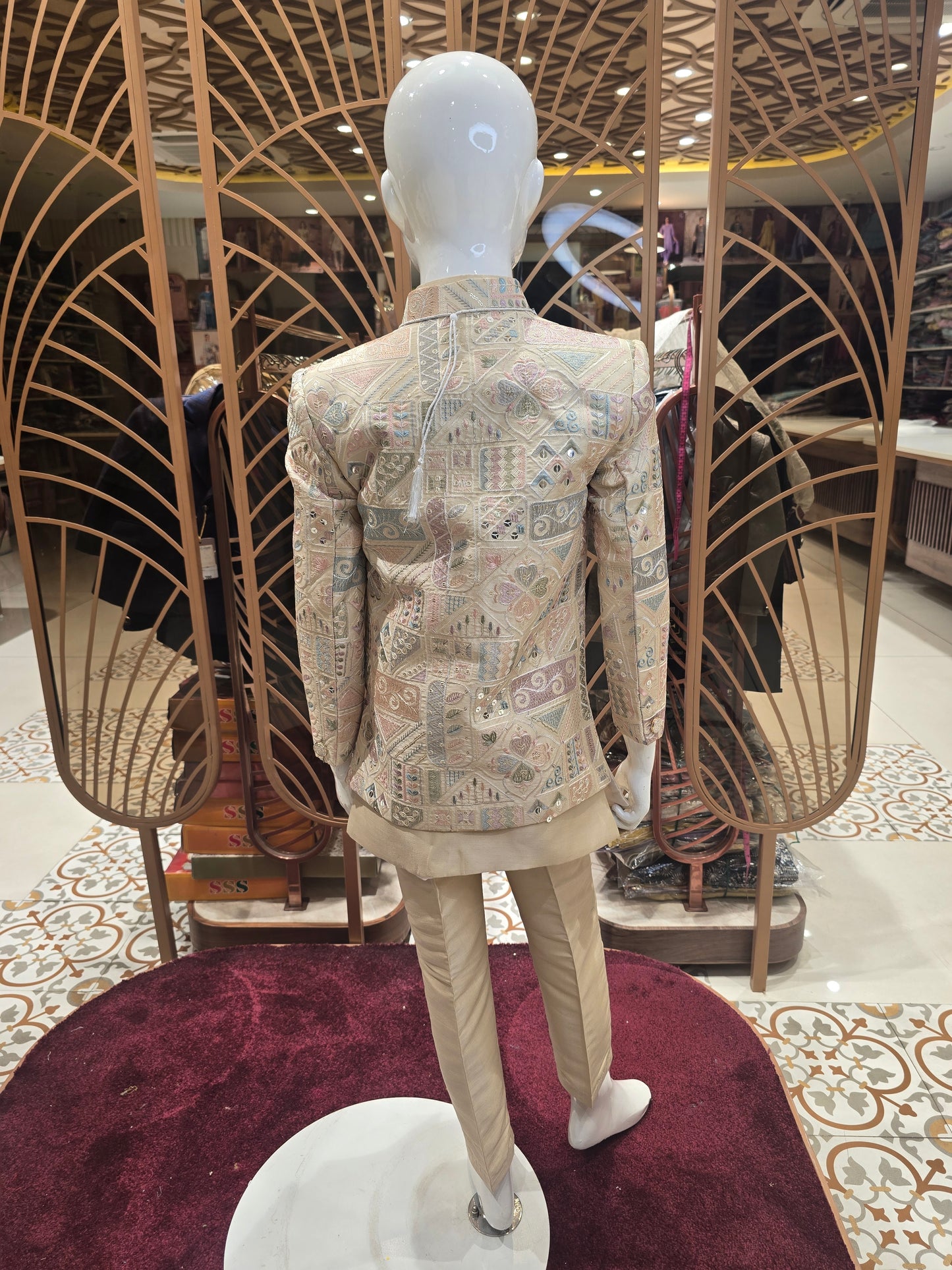 Cream Colored Silk Mix Junior Ethnic Indowestern with Hand-Work Embroidery, Sequence & Maala