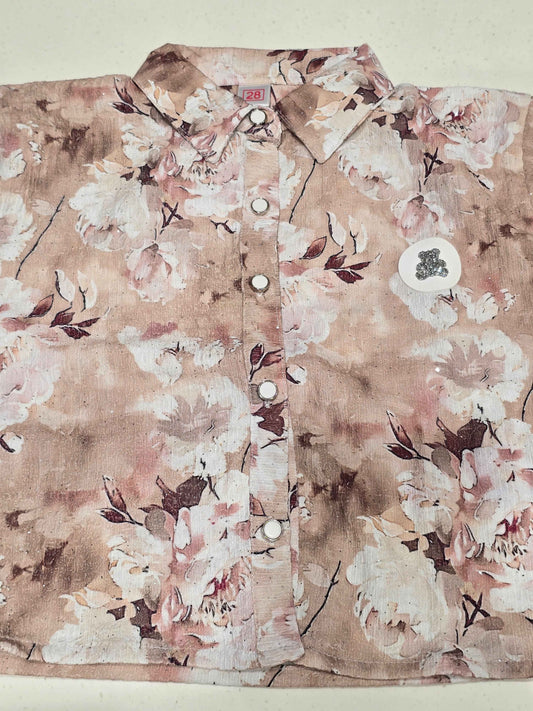 Vintage Blush Pink Floral Print Cropped Shirt for Girls