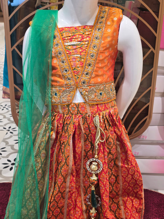 Mustard Orange Banarasi Ethnic Wear Ghagra for Girls with Beads Work Top and Traditional Banarasi Skirt Design