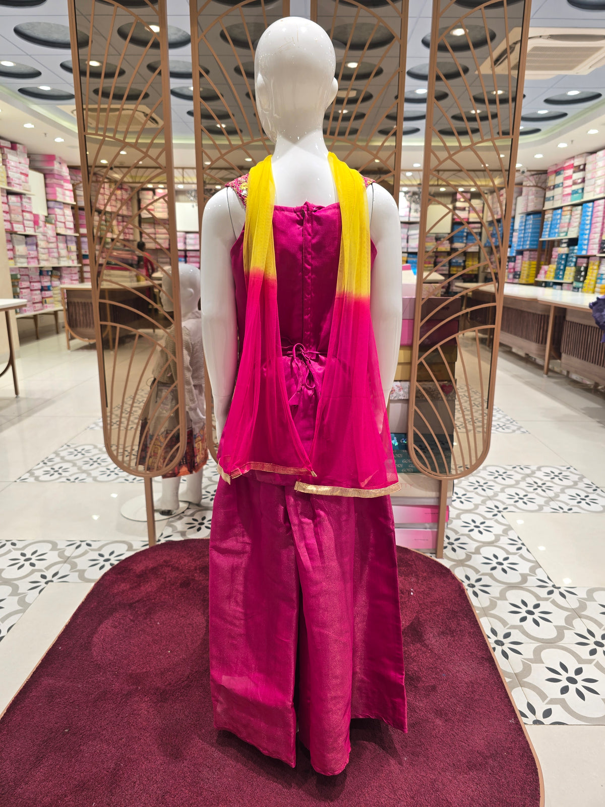 Girls Tissue Silk Indo Western Blazo Set in Rose Pink with Sequins Floral Embroidery, Spaghetti Straps, Cape Cut Front Slit Pant and Pleated Skirt Blazo for Festive and Party Occasions