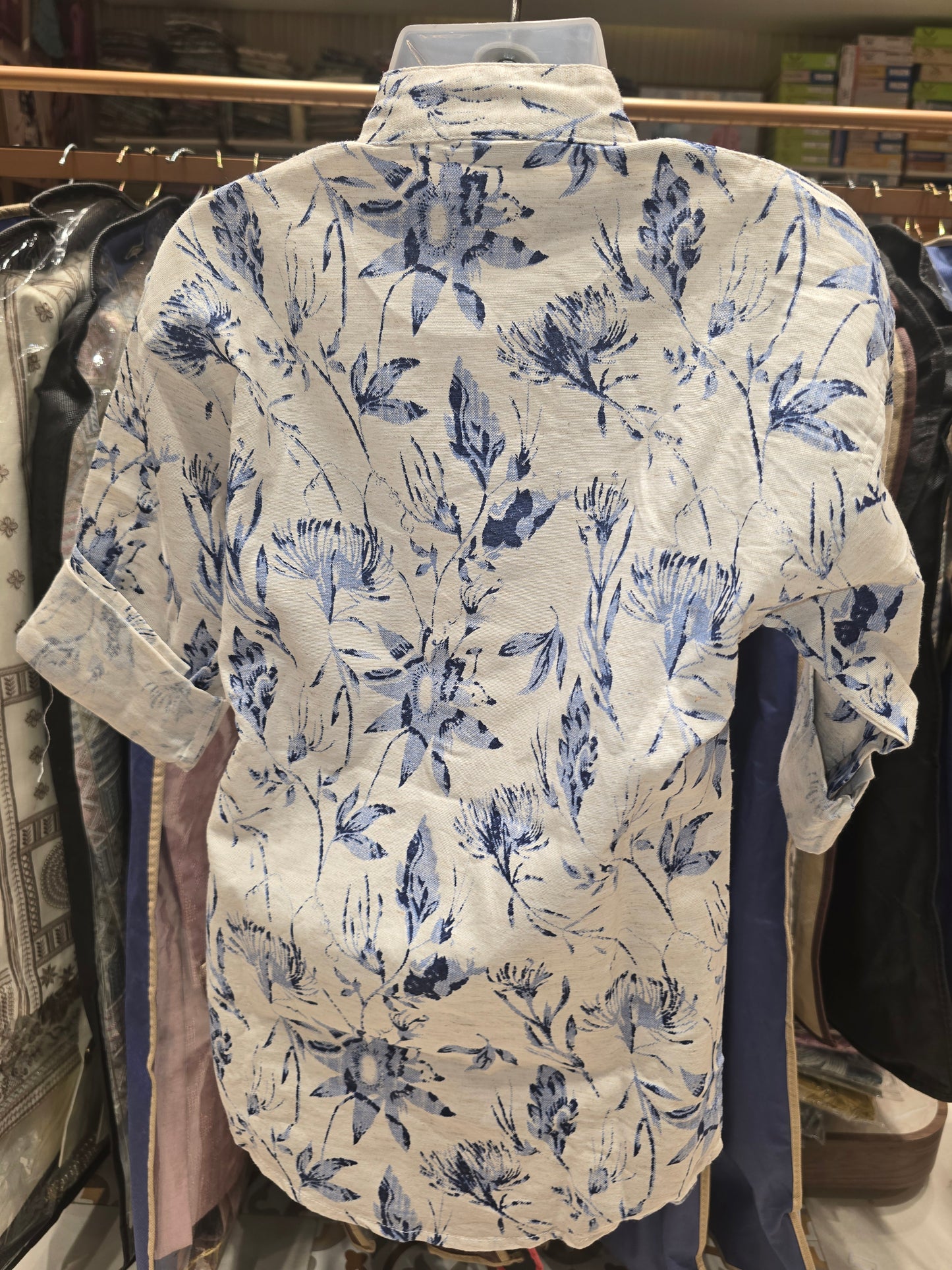 Boys Cream Cotton Short Kurta with Blue Floral Print and Foldable Sleeves