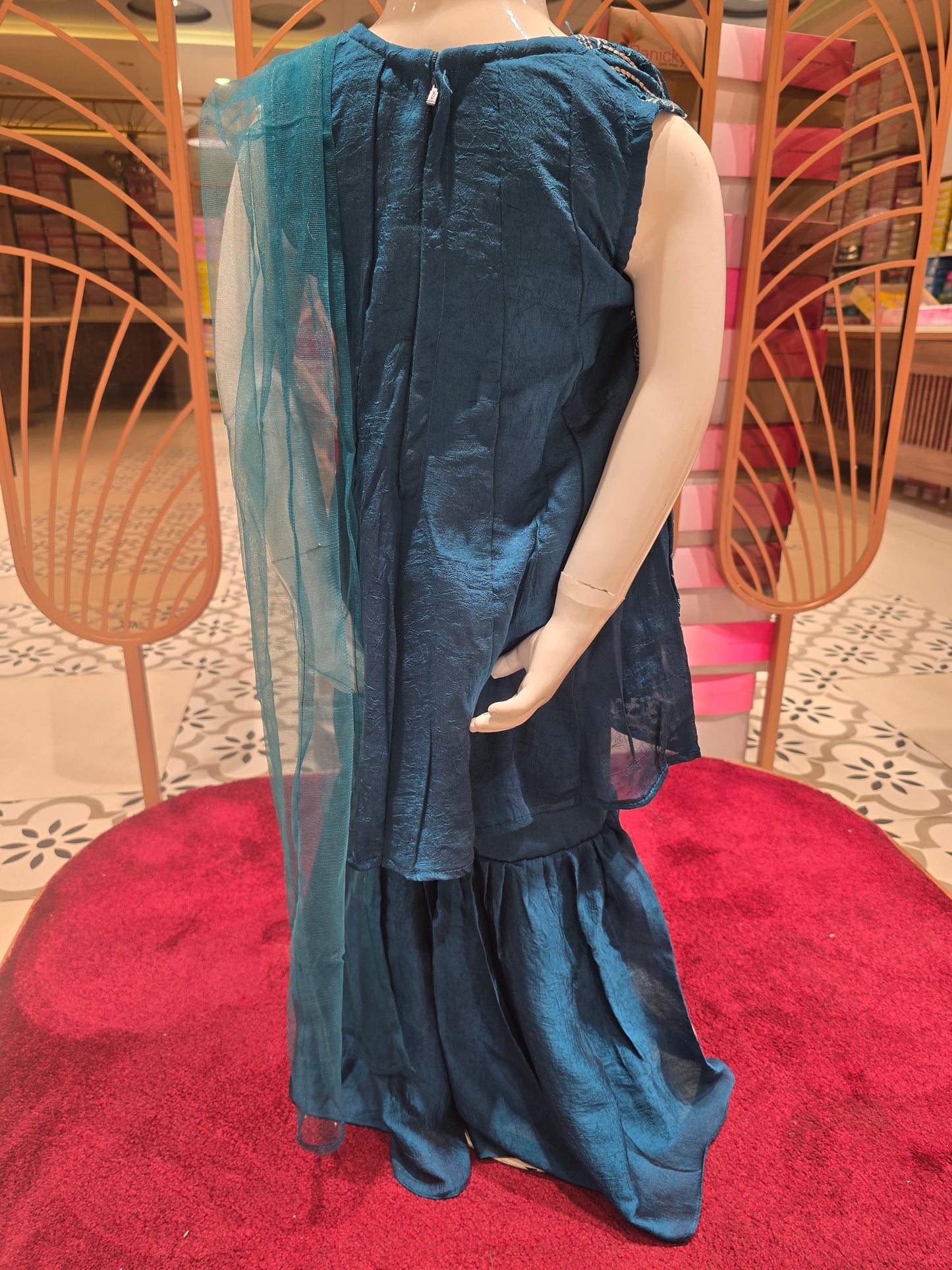 Girls Metallic Blue Crepe Sharara Set with Umbrella Top and Embroidery