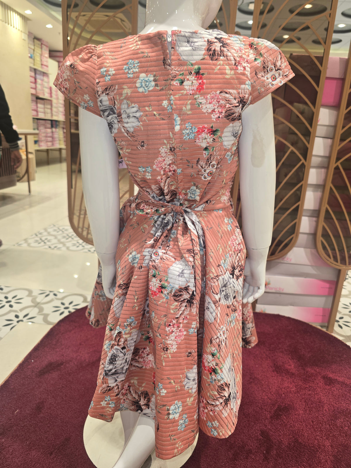 Girls Peach Floral Satin Shirt Frock with Megha Sleeves and Golden Belt