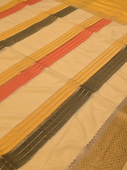 Multi-Color Crepe Saree with Horizontal Lines and Kadhi Zari Pallu – Festive Wear