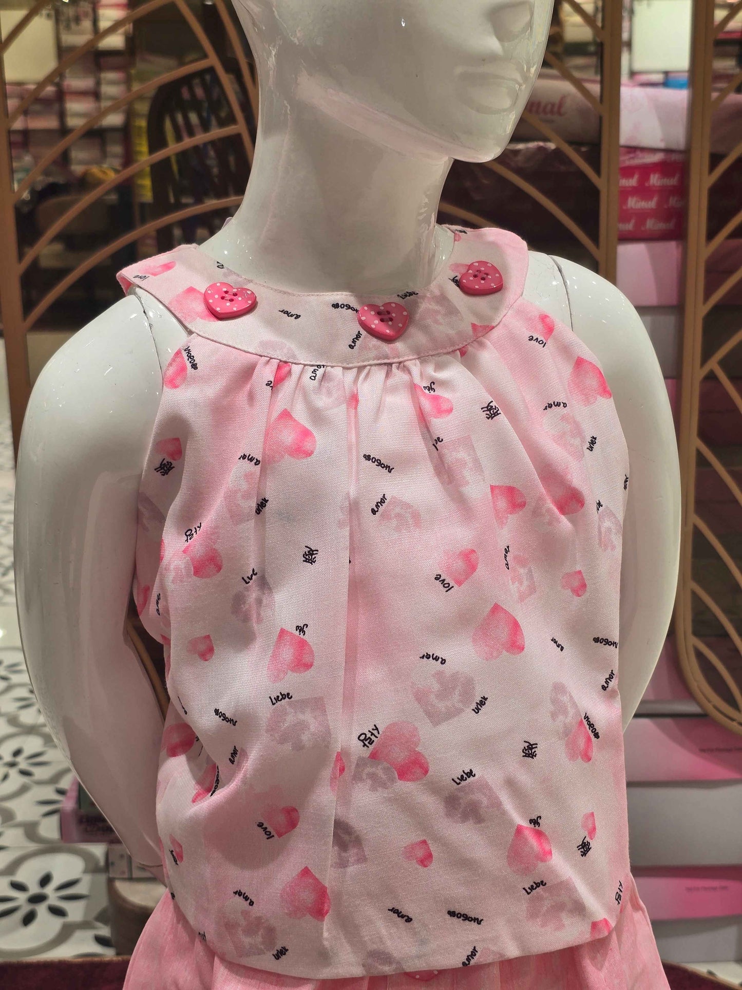 Printed cotton material baby pink colour skirt with top (western wear)