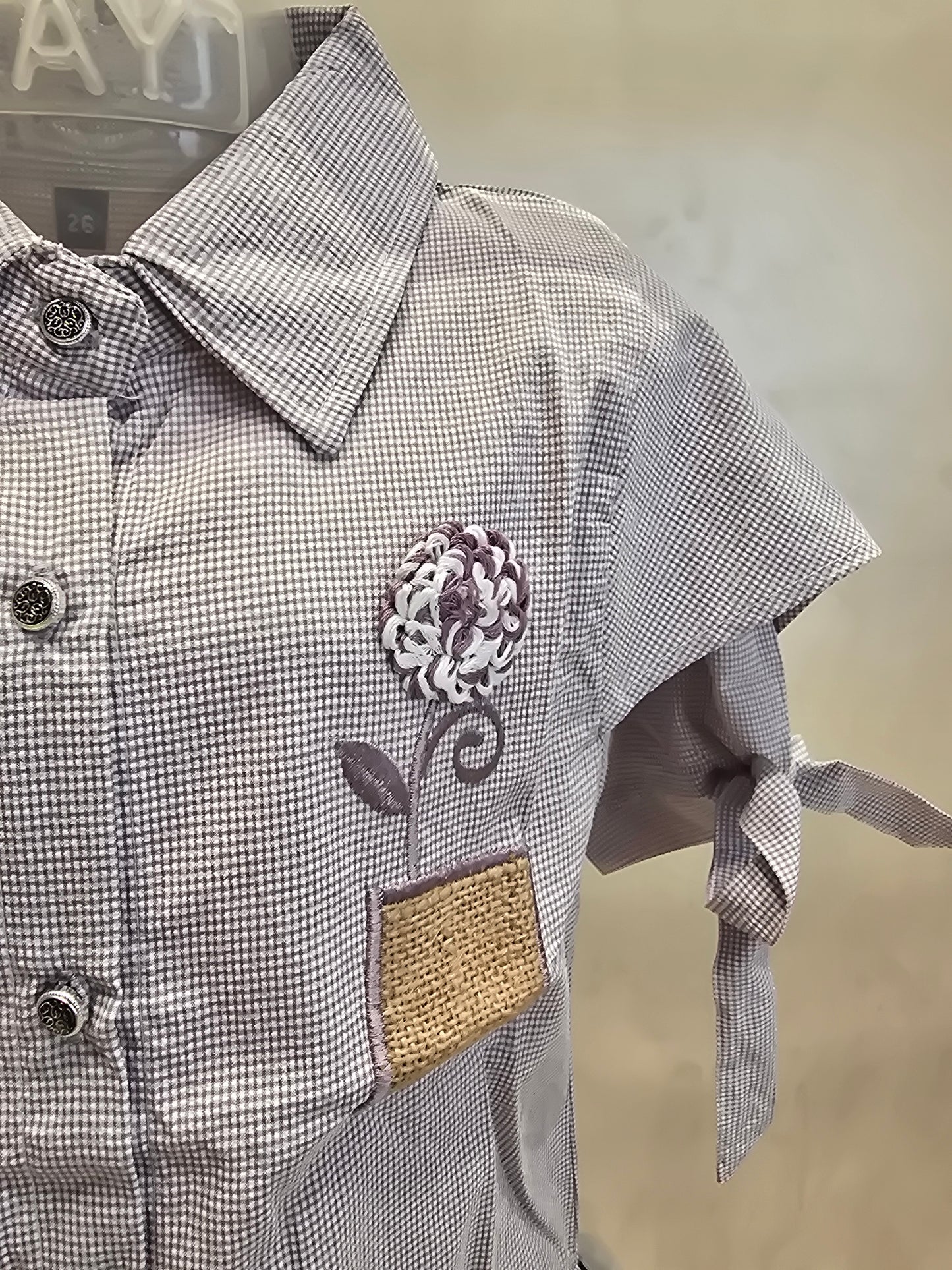 Light Grey Micro-Checked Cotton Mix Western Top for Girls with Dual-Tone Floral Detail & Tie-Up Sleeves – Party Wear