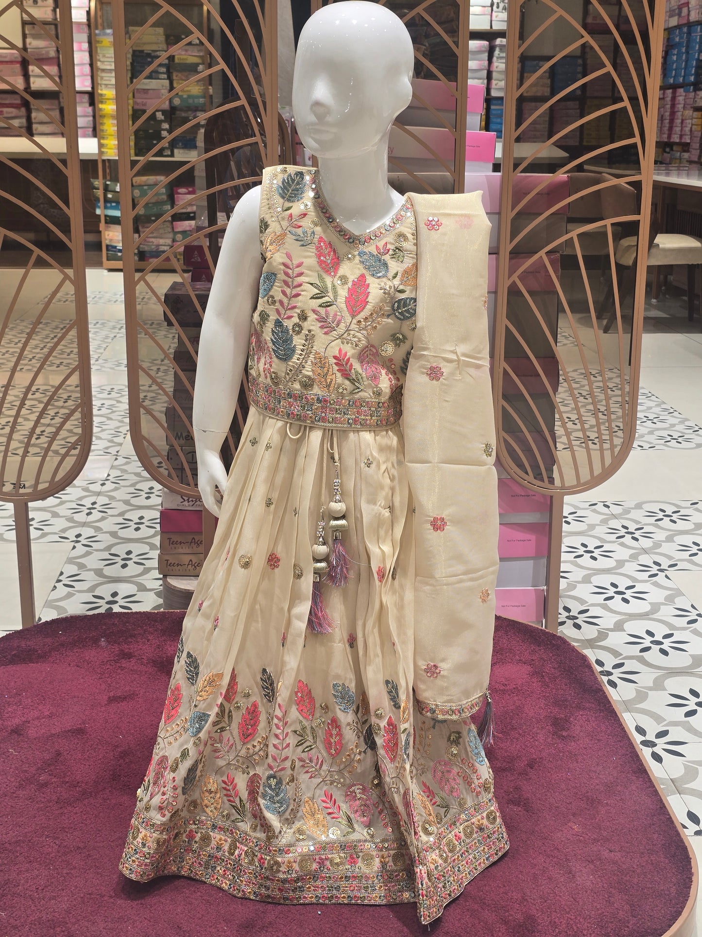 Girls Cream Tissue Silk Embroidered Gaghra Set