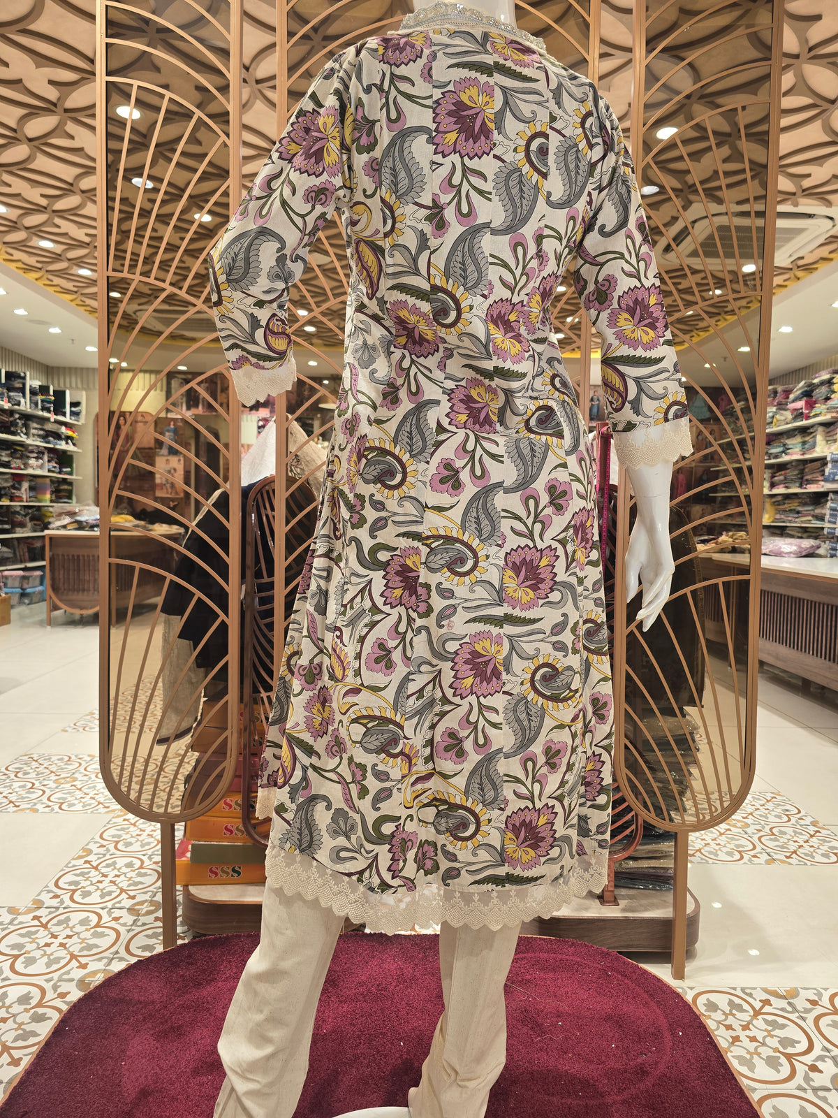 Cream Linen Cotton Anarkali Kurti Set for Women with Floral Print, Thread Work Detailing and Chiffon Veil Dupatta