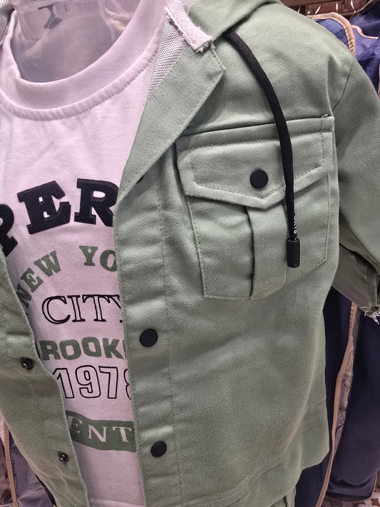 Boys Lycra Cotton 3 Piece Summer Wear Set in Cream with Full Sleeve Coat, Printed Inner T-Shirt and Black Cargo Pant for Casual Outings