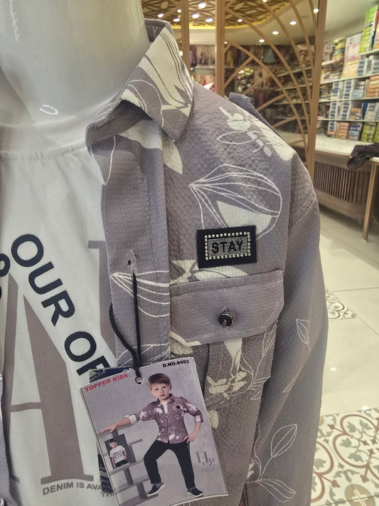 Lavender Floral Popcorn Full Sleeve Foldable Shirt with White Printed Inner T-Shirt & Black Denim Shirt – 3 Piece Set