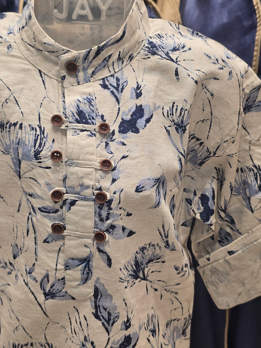 Boys Cream Cotton Short Kurta with Blue Floral Print and Foldable Sleeves