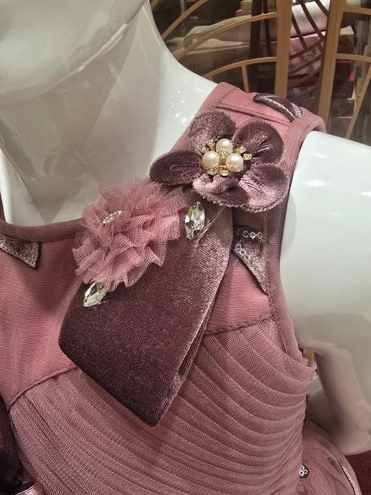 Onion Pink Netted Party Wear Gown with Patterned Design & Attached Ribbon Waist Band – Girls (Age 5, Size 24)