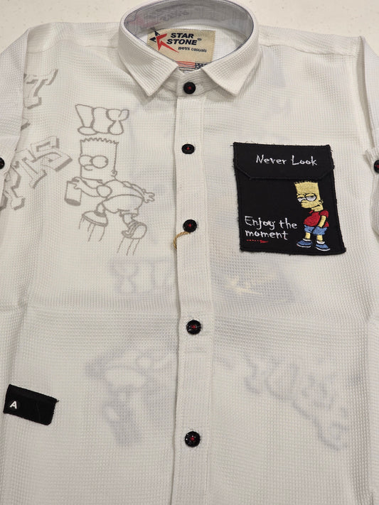 White Popcorn Party Wear Shirt with Back Print for Boys