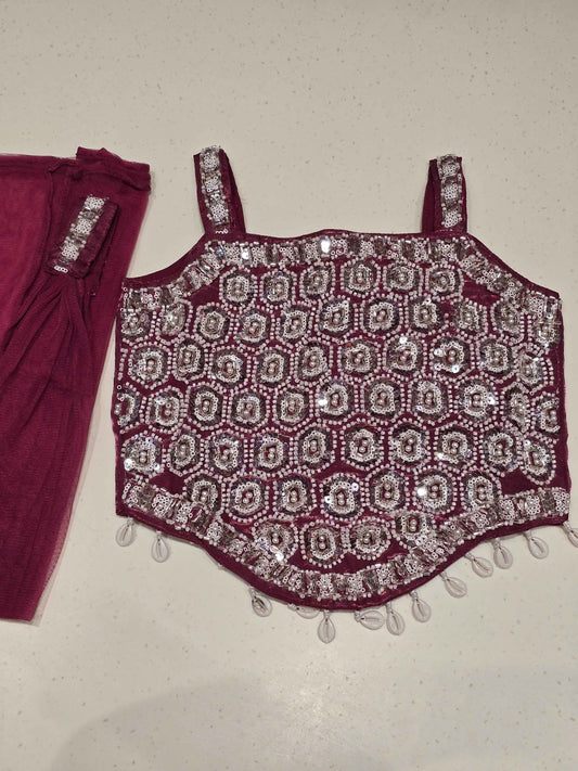 Shimmer material wine color sharara set with speghetti neck and chokar dupatta