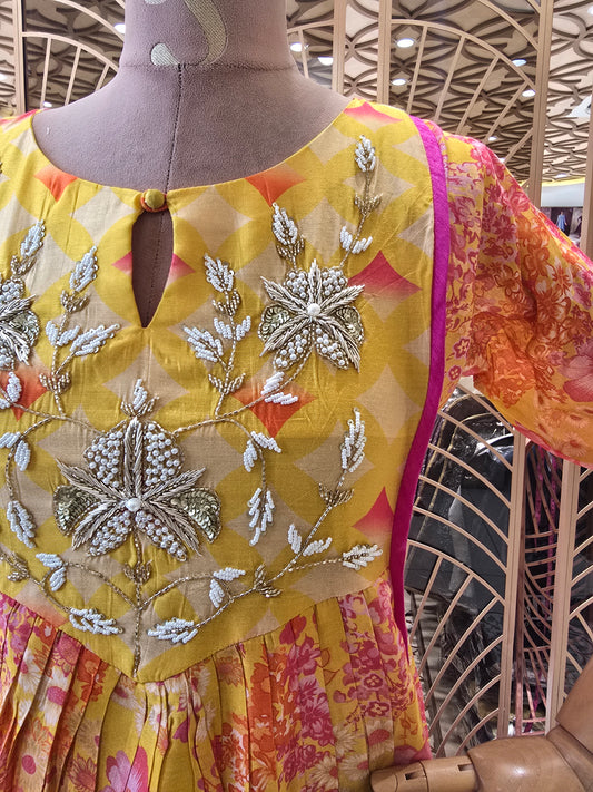 Women’s Rayon Straight Kurta with Floral Printed Design and Hand Work, Collar Neck and ¾th Sleeves for Daily Wear