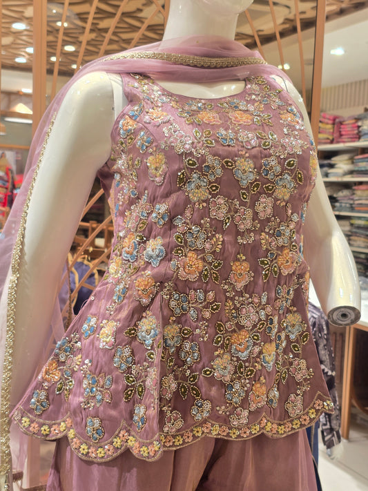 mauve peplum sharara suit.
