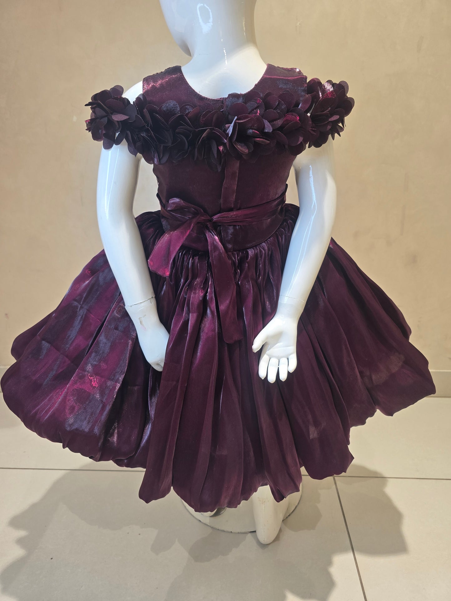 Girls Satin Party Wear Short Frock with Speghetti Style, Sequence Flower Design and Floral Stone Waist Work for Special Occasions