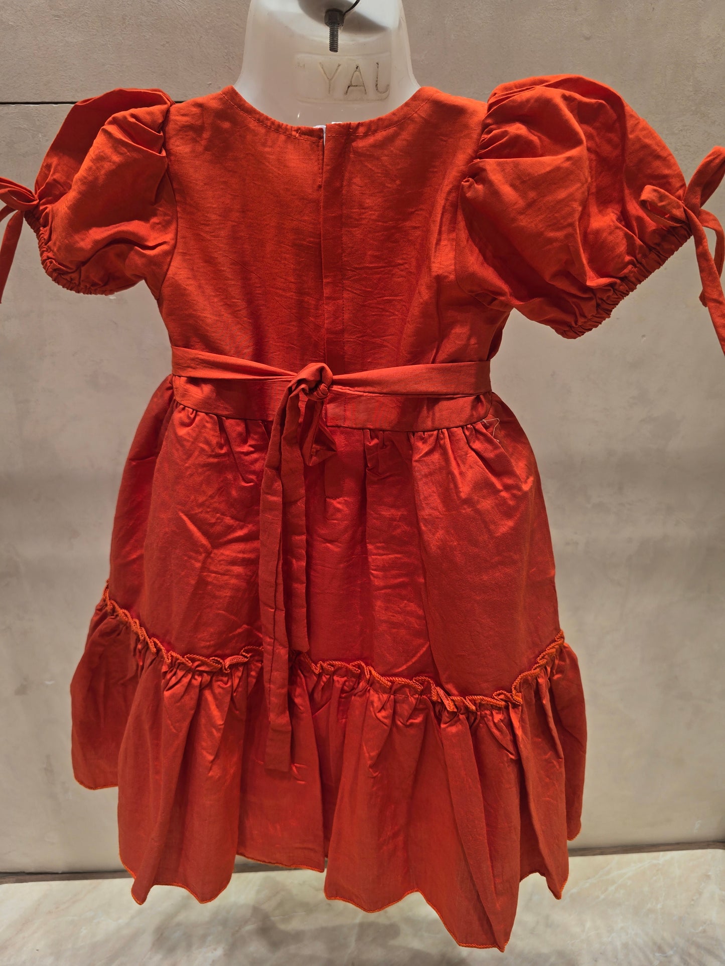 Orange Cotton Short Frock with Peacock Embroidery & Puff Sleeves – Casual Wear for Girls