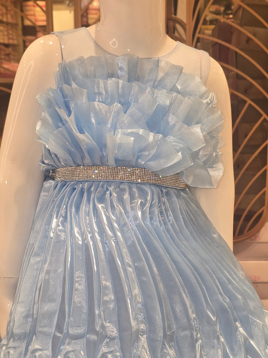 Girls Sky Blue Shining Satin Short Frock with Leaf Cut Design and Tikli Waist Belt